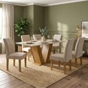 Ver imagem 1 de Conjunto Mesa de Jantar com 6 Cadeiras Estofadas 100% MDF Casuá Ypê/Off White/Tecido Pena Espanha