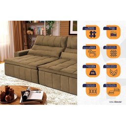 Sofá Retrátil Reclinável Supremo 3,00m Suede Velut Bege Molas no Assento - King House - 3