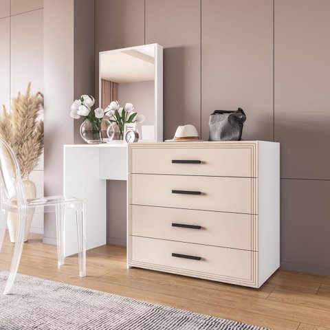 Cômoda Penteadeira Valência 4 Gavetas Espelho 149x160cm Creme/Branco 250803