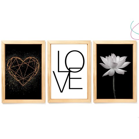 3 Quadros Decorativos - Coração Dourado, Love, Flor de Lótus:pinus