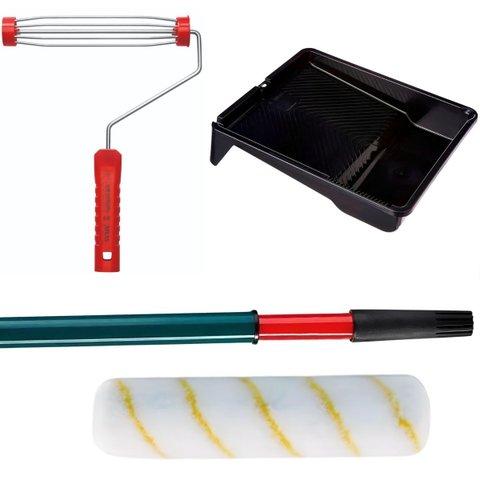 Rolo 23cm 10mm + Suporte Garfo Gaiola 23cm + Bandeja para Pintura 2,7l 30x37cm Preta + Cabo Extensor