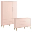 Ver imagem 1 de Guarda Roupa Infantil 3 Portas e Cômoda Theo 1 Porta Rosa com Pés Madeira Natural – Reller