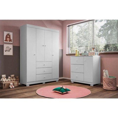 Cômoda Infantil com Guarda Roupa 4 Portas Ambiente Duda Branco Brilho - Phoenix Baby