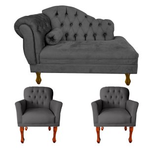 Jogo Divã + 2 Poltronas P Consultório e Clínica Psicanálise:cinza Escuro