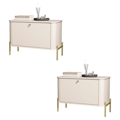 Kit 2 Mesa de Cabeceira Quarto Tucupí 1 Porta e Pés de Metal Off White/dourado