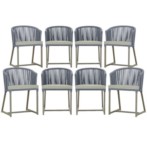 8 Cadeiras de Jantar Área Noronha em Alumínio com Pintura Fendi Corda Náutica Estofado 3 Trama Origi