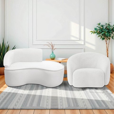 Kit Divã Recamier Orgânico Marrocos 150cm Lado Direito e 1 Poltronas Amore Bouclé Branco