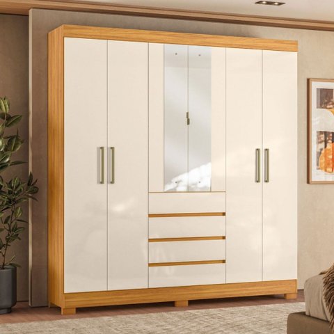 Guarda-roupa Casal Ópera 6 Portas 4 Gavetas com Espelho Cinamon/off White - Demóbile