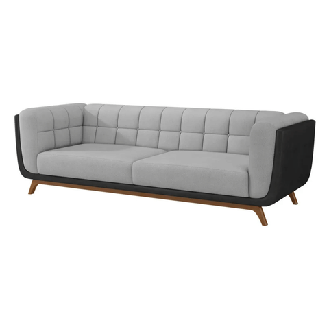 Sofá 3 Lugares 240cm Retrô Pés de Madeira Luxo Premium Estofado em Linho e Corino Sala Recepção Hall