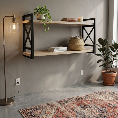 Prateleira de Parede Dupla Madeira Pinus 15x60cm Suporte Preto