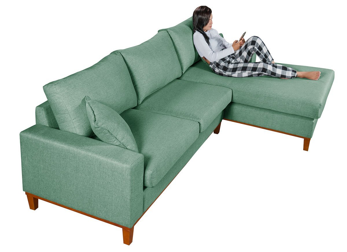 Sofa Living California 4 Lugares com Chaise Revestido Linho Base em Madeira:verde/esquerdo - 3