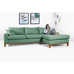 Sofa Living California 4 Lugares com Chaise Revestido Linho Base em Madeira:verde/esquerdo - 2 Sofa Living California 4 Lugares com Chaise Revestido Linho Base em Madeira:verde/esquerdo - 2