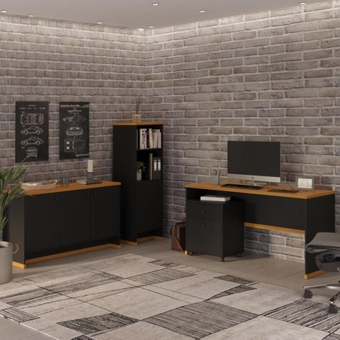 Conjunto Escritório Office 4 Peças Mesa Gaveteiro Armário Buffet Zeus - Via Nossa - Preto e