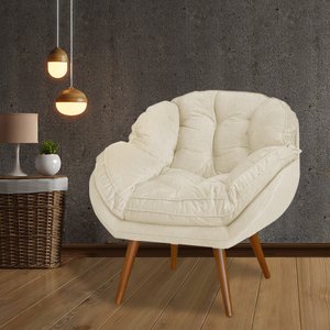 Poltrona Decorativa Ágata Prime Veludo Bege Base Fixa em Madeira Maciça