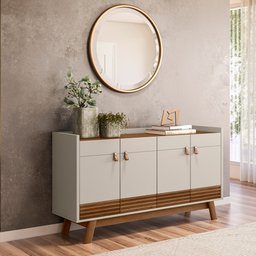 Kit Aparador Buffet Sala De Estar Mason Com Espelho Caribe Preto L05 Freijó Off White - Lyam Decor - 3