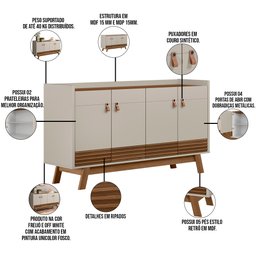 Kit Aparador Buffet Sala De Estar Mason Com Espelho Caribe Preto L05 Freijó Off White - Lyam Decor - 7