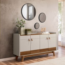 Kit Aparador Buffet Sala De Estar Mason Com Espelho Caribe Preto L05 Freijó Off White - Lyam Decor - 2