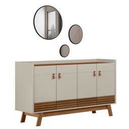 Kit Aparador Buffet Sala De Estar Mason Com Espelho Caribe Preto L05 Freijó Off White - Lyam Decor - 1