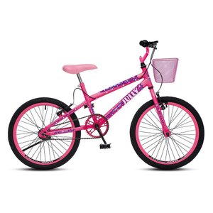 Bicicleta Jully Aro 20 Quadro 20 Aço Carbono Freios V-brake Guidão Downhill com Cestinha Rosa Neon