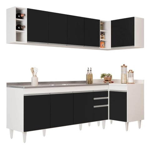 Armário de Cozinha Modulado de Canto Esquerdo 5 Peças Cp54 com Pia Inox Branco-preto - Lumil