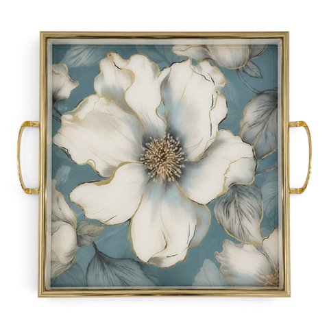 Bandeja Decorativa Magnólia Azul e Dourado 40x40cm
