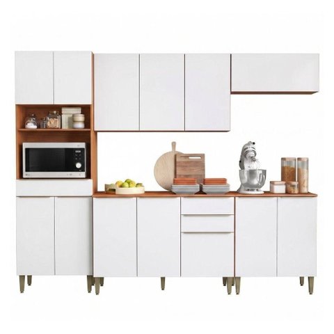 Armário de Cozinha Clara 13 Portas 3 Gavetas MDF 250cm Amadeirado e Branco Aramóveis