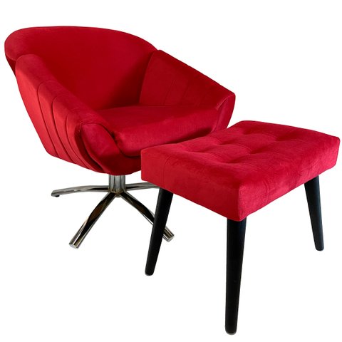 Kit Poltrona Giovana Giratória Cromado, Puff Capitonê Luxo e Almofadas em Sued Premium:vermelho