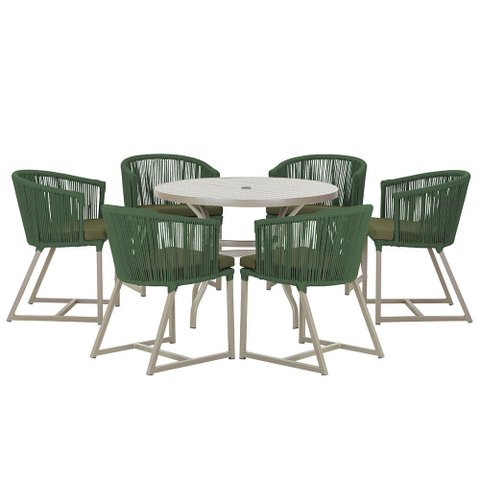 Mesa com 6 Cadeiras de Jantar Roma 120cm e Noronha em Alumínio Fendi Corda Náutica Estofado 13 Trama