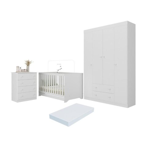 Quarto de Bebê Completo Berço Americano 3 em 1 Colchão Encanto Multimóveis Mp4601 Branco