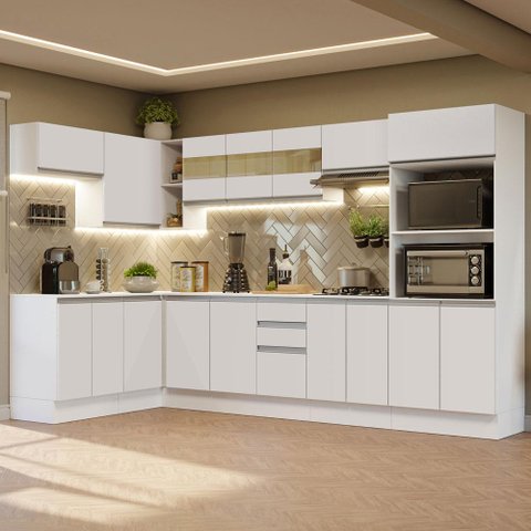 Armário de Cozinha Completa de Canto 100% Mdf 447cm Frentes Branco Smart Madesa 02