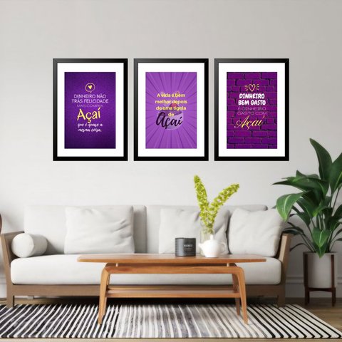Kit 3 Quadros Grandes Açaí 60x48cm:moldura Preta