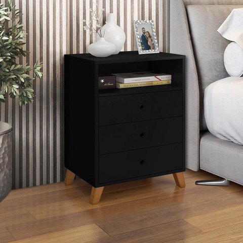 Criado Mesa de Cabeceira 3 Gavetas e 1 Nicho Preto