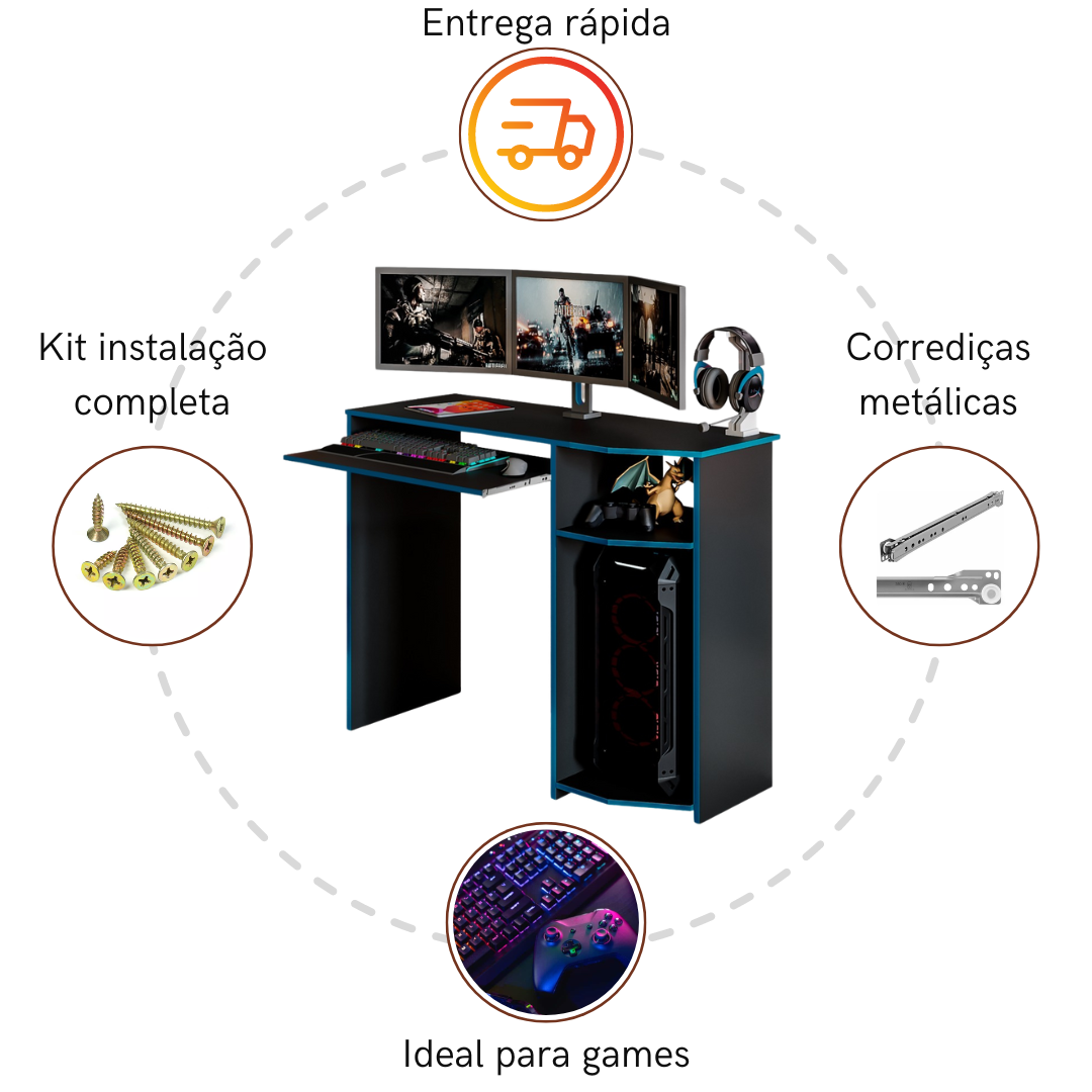 Escrivaninha Mesa Gamer P/ Jogos Mesa Computador Home Office E-nova Móveis - 3