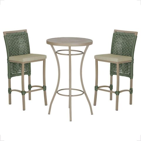 Mesa Bistrô e 2 Banquetas Roma Fendi Corda Estofado 7 Trama Verde