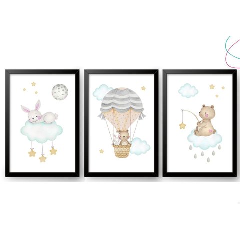 3 Quadros Decorativos Infantil Ursinho Coelhinho Balão Nuvem:preta