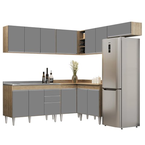 Armário de Cozinha Modulado de Canto 7 Peças Cp21 com Pia Inox Castanho/cinza - Lumil Lumil Móveis