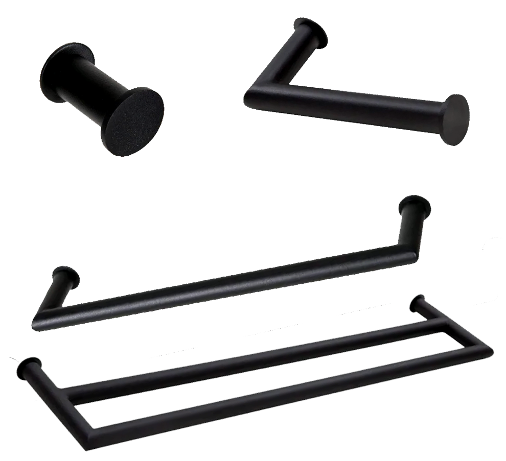 Kit de Acessórios Para Banheiro com 4 Peças em Aço Inox Black Matte Preto Fosco com toalheiro duplo  - 1