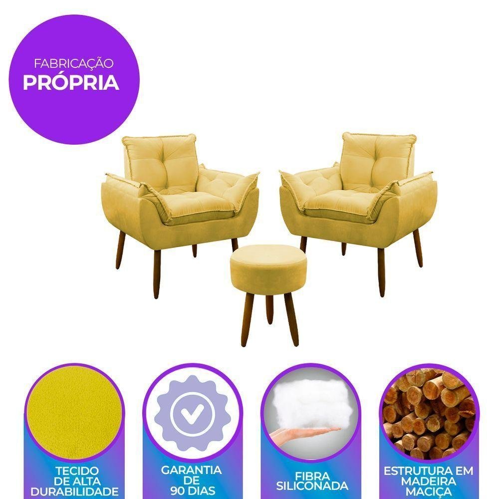 Kit Poltrona Decorativa + Puff Redondo Luxo Descanso Salão de Beleza Escritório - Cor Amarela - 2