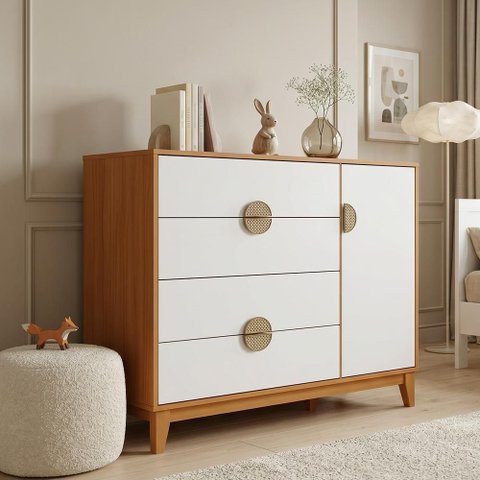 Cômoda Sapateira 1 Porta 4 Gavetas Pés Retrô Abruzzo A04 Cinamomo Branco - Lyam Decor