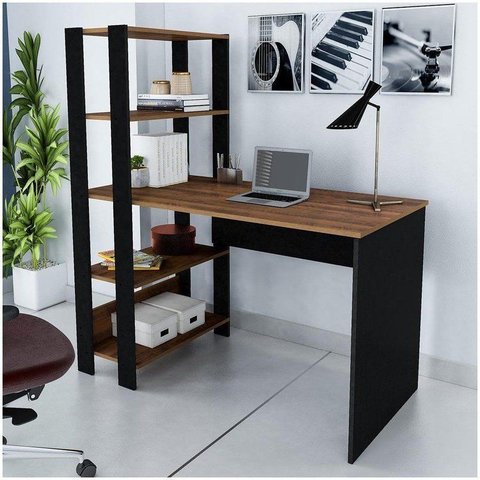 Escrivaninha Mesa Escritório com Estante Match 4 Prateleiras 120cm Pinho e Preto Marrom