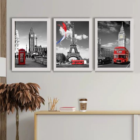 Quadro Decorativo City Paris London + Vidro 33x25 3pç Quarto:branco