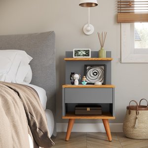 Mesa de Cabeceira para Quarto Pés Palito Retrô 1 Gaveta Sleep - Cinza/ Nature