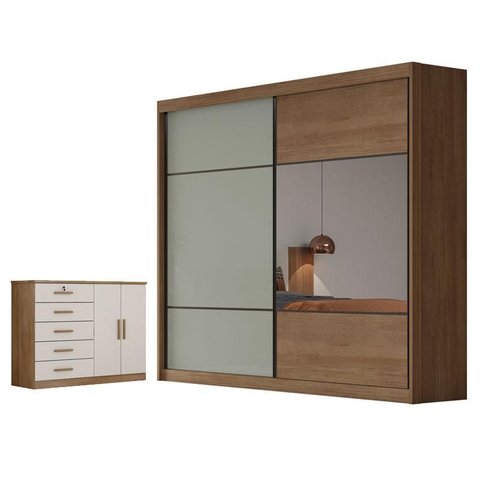 Guarda Roupa Casal Belmonte com Espelho e Cômoda Seul Cumaru 25 Fendi - Novo Horizonte