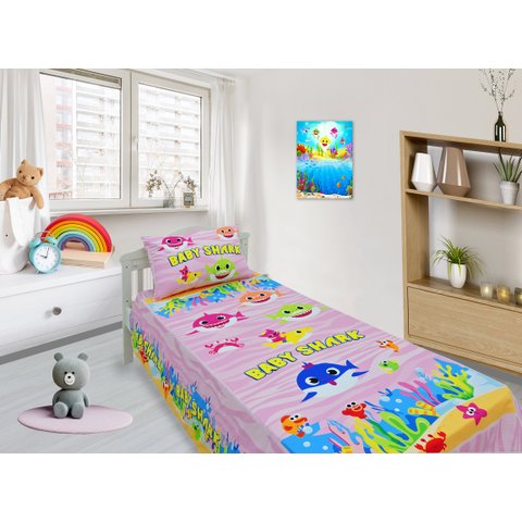 Jogo De Lençol Cobre Leito E Fronha Baby Shark Rosa Kit 2pçs