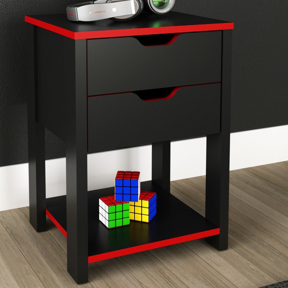 Mesa de Cabeceira 2 Gavetas Preto/Vermelho Me4163 - Tecnomobili