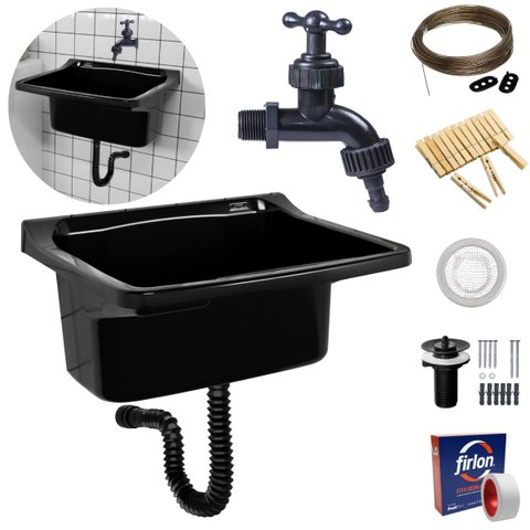 Tanque Lavanderia 40l Preto + Sifão Universal Sanfonado + Veda Rosca + Torneira + Varal em Aço + Pre