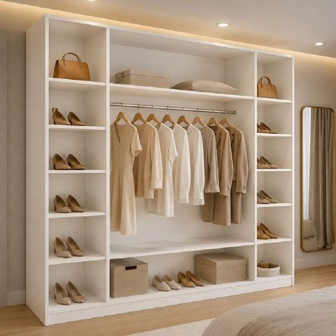 Armário Closet Modular 12 Prateleiras em Colméia e Arara Cabideiro Ana Branco