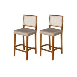 Kit 2 Banquetas Alta Roma Rattan Luxo Balcão Banco Pés Madeira em Madeira Maciça Premium Cor Bege - 1
