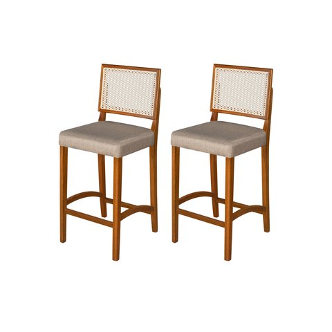 Kit 2 Banquetas Alta Roma Rattan Luxo Balcão Banco Pés Madeira em Madeira Maciça Premium Cor Bege