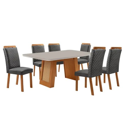 Mesa de Jantar Carolina 180cm Tampo MDF Vidro Canto Copo com 6 Cadeiras Lorena Moderna Mobília